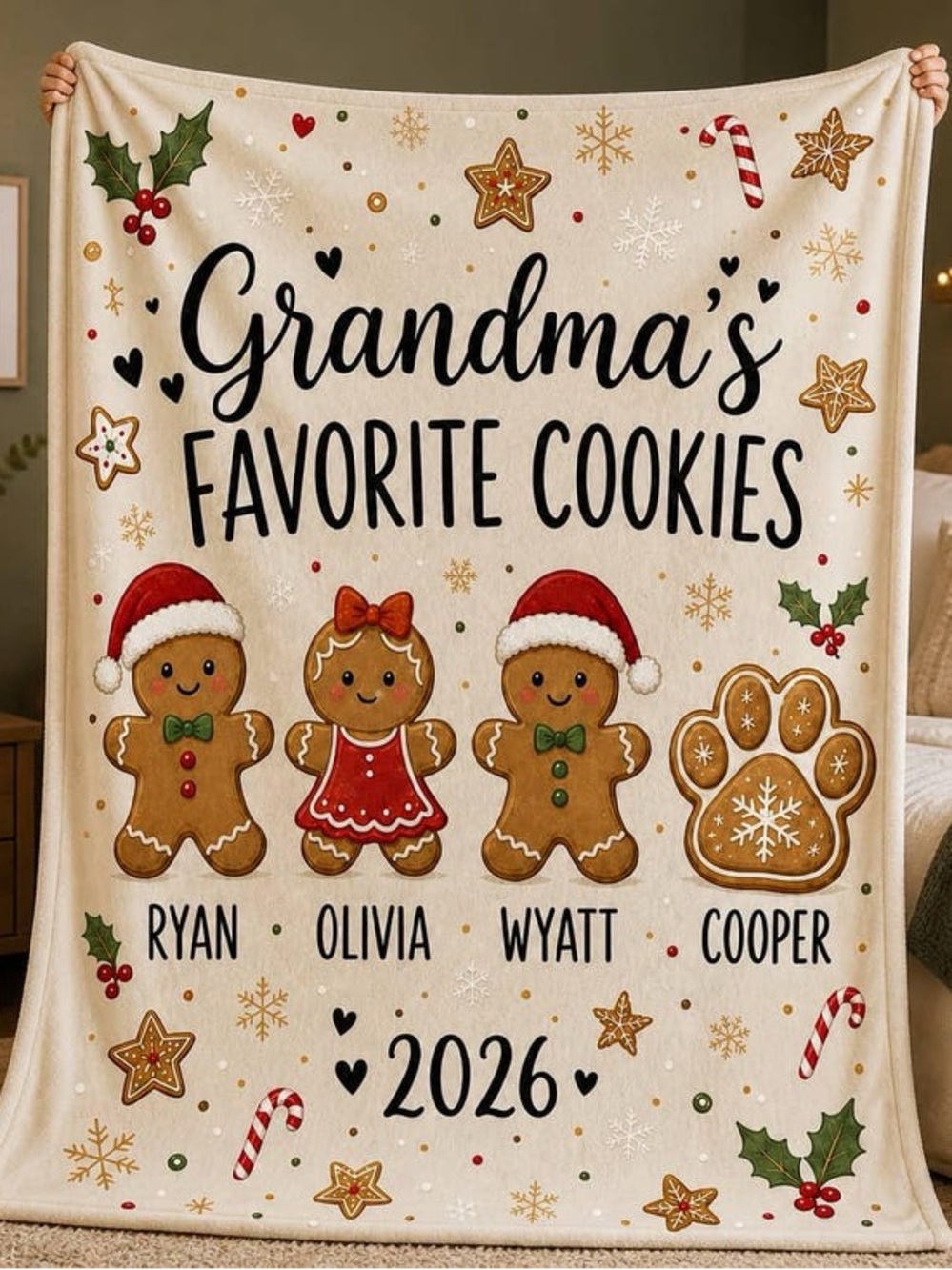 Personalized 'Grandma's Favorite Cookies' Holiday Throw Blanket - Cream